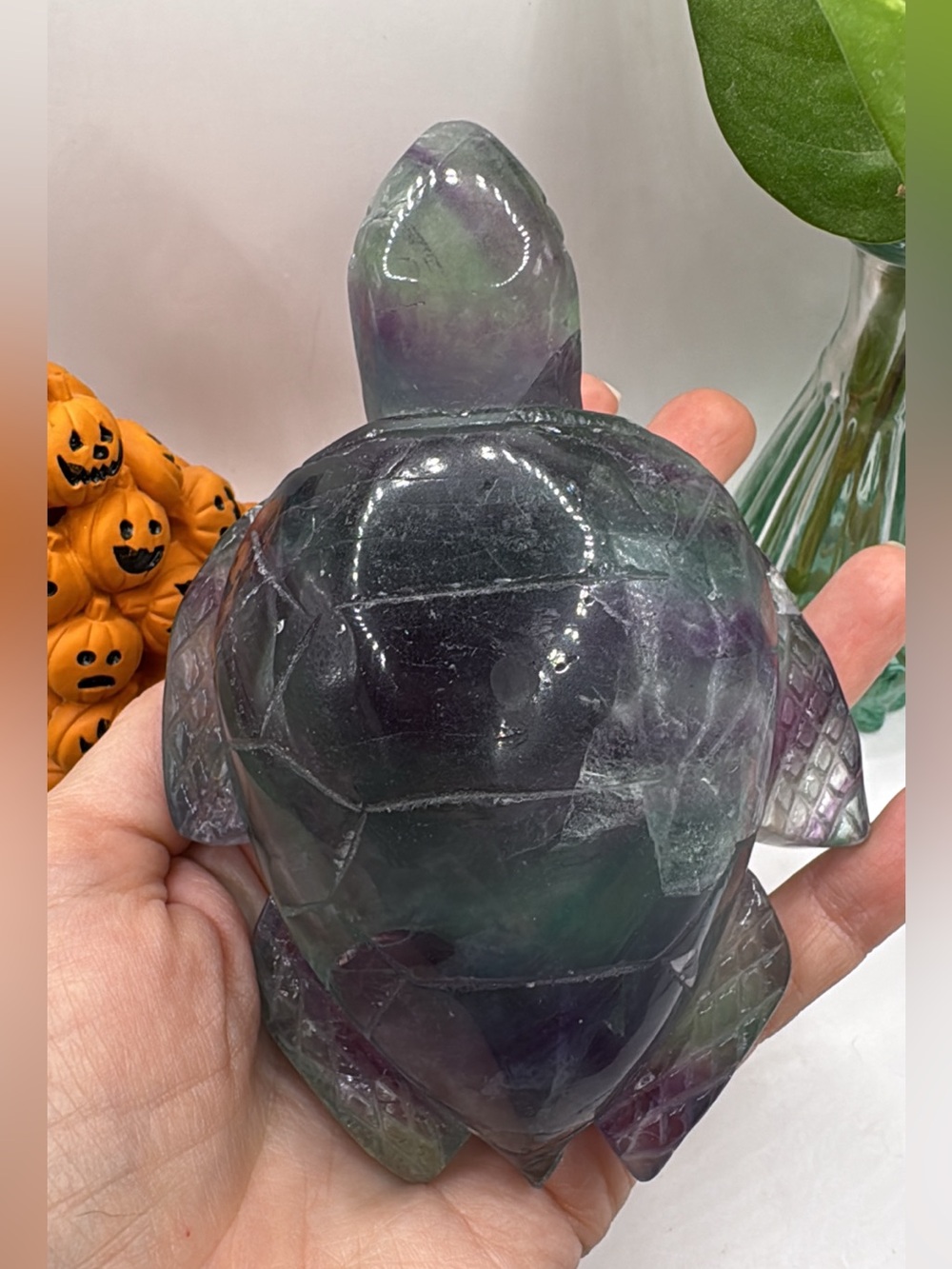 Hand-Carved Fluorite Turtle Figurine - Green & Purple